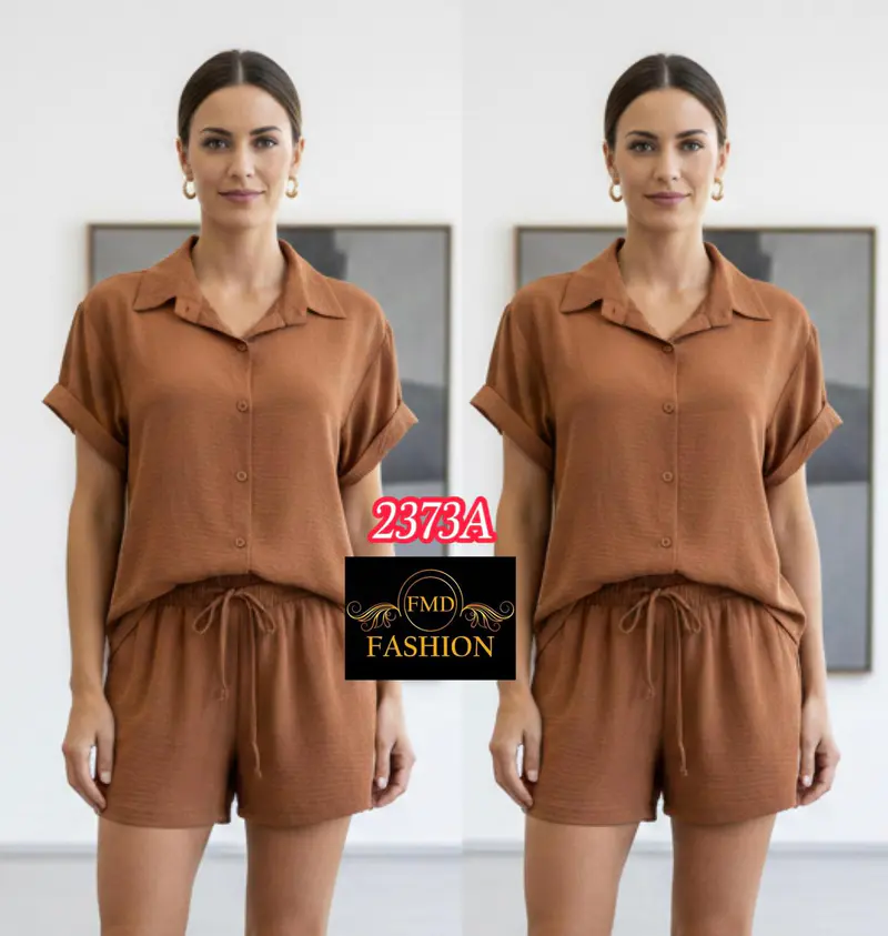 Conjunto Feminino Casual Verão - Camisete e Shorts em Viscolinho · Castanho