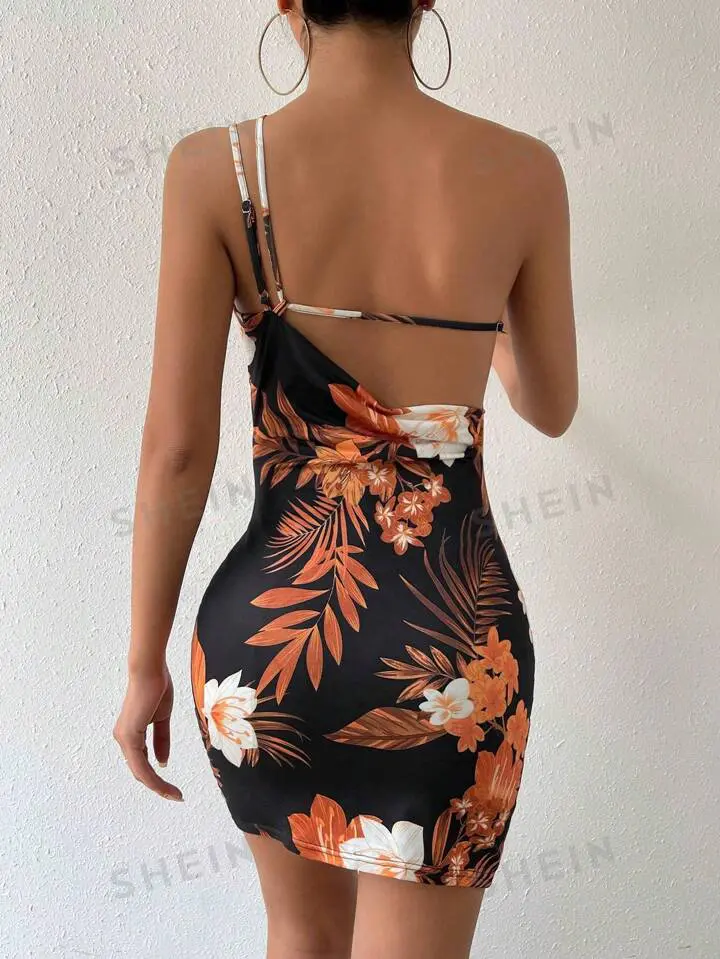 Vestido Bodycon com Estampa Tropical de Um Ombro e Fenda
