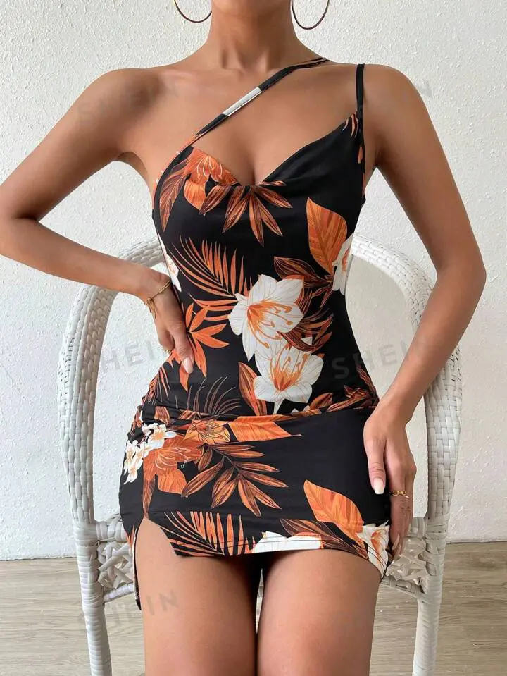Vestido Bodycon com Estampa Tropical de Um Ombro e Fenda