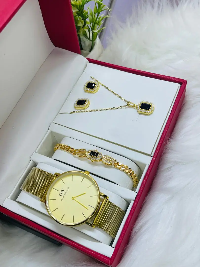 Conjunto de Joias Luxo Dourado - Relógio Daniel Wellington, Pulseira, Colar e Brincos
