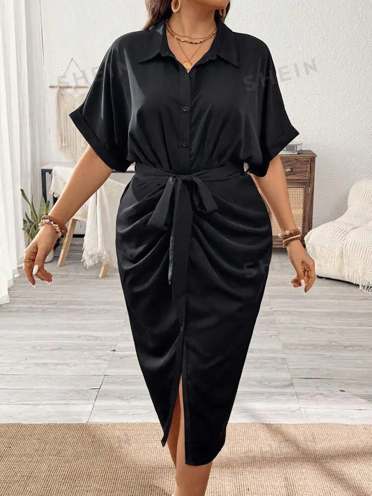 Vestido Casual Verde Escuro com Botões e Cinto Franzido