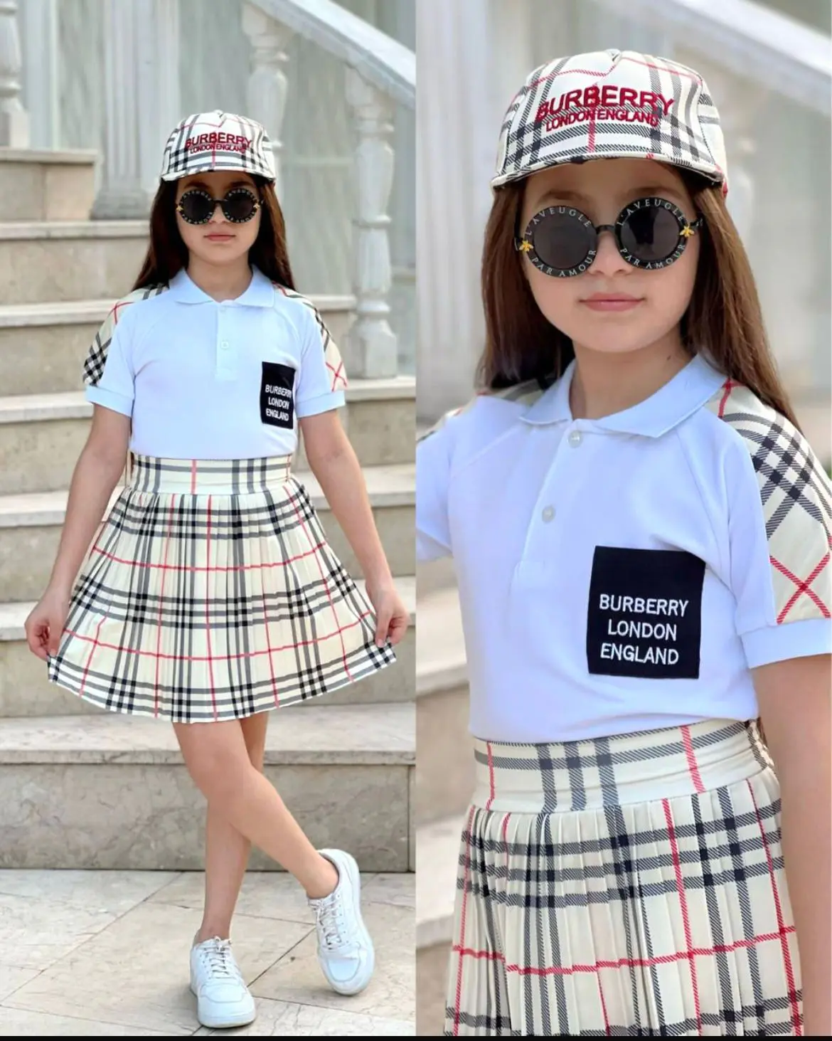 Conjunto Infantil Feminino Polo e Saia Xadrez Burberry
