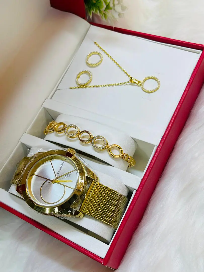 Conjunto de Joias Luxo Dourado - Relógio Calvin Klein, Pulseira, Colar e Brincos