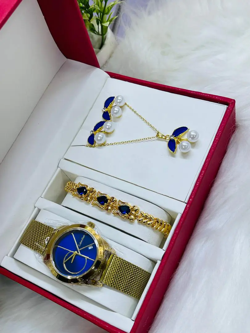 Conjunto de Joias Elegância Azul - Relógio Calvin Klein, Pulseira, Colar e Brincos