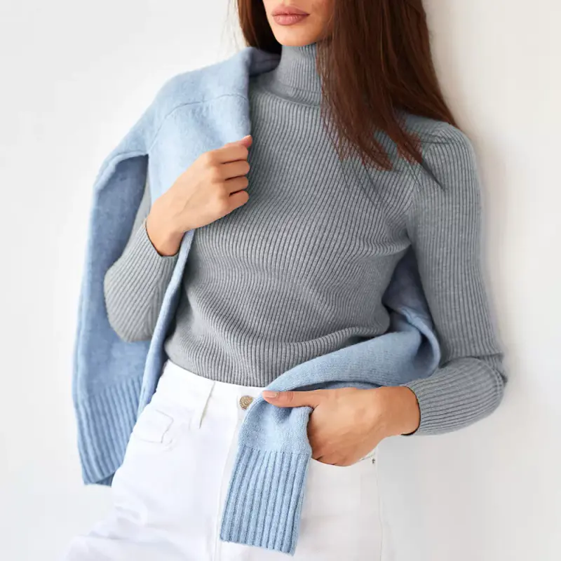 Suéter Gola Alta Canelado Mandofa Feminino - Pulôver Slim Básico · Cinzento