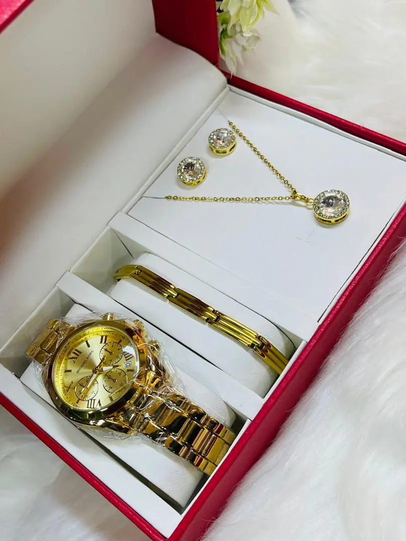 Conjunto de Joias Luxo Dourado - Relógio Michael Kors, Pulseira, Colar e Brincos