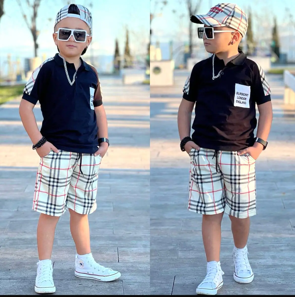 Conjunto Infantil Masculino Bermuda, Camiseta e Boné Burberry