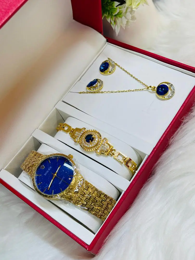 Conjunto de Joias Luxo Dourado - Relógio Rolex, Pulseira, Colar e Brincos