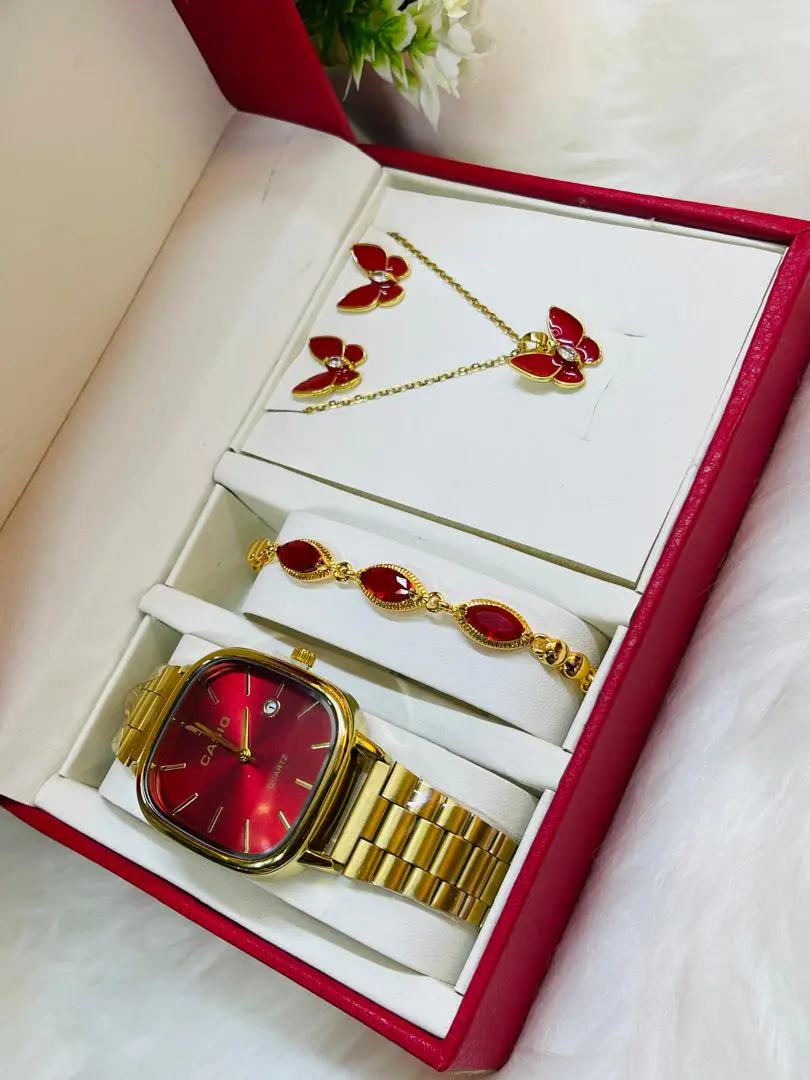 Conjunto de Joias Luxo Dourado - Relógio Casio, Pulseira, Colar e Brincos