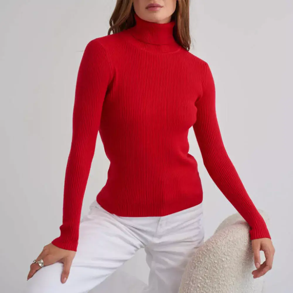 Suéter Gola Alta Canelado Mandofa Feminino - Pulôver Slim Básico