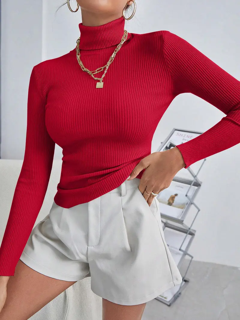Suéter Gola Alta Canelado Mandofa Feminino - Pulôver Slim Básico · Vermelho