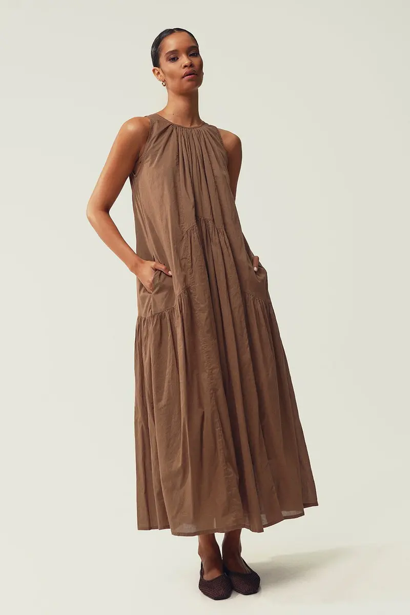 Vestido Trapeze em algodão · Senhora · Castanho