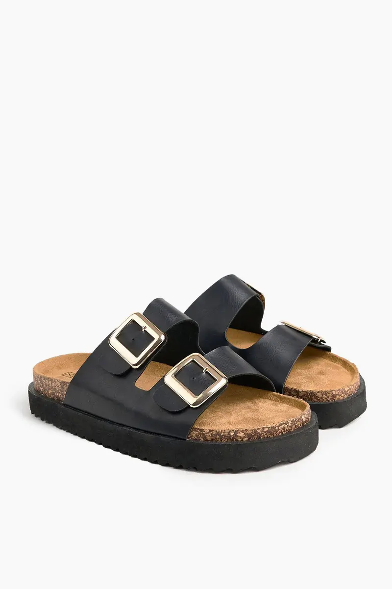 Chinelos plataforma Double Buckle em poliuretano · Senhora · Preto
