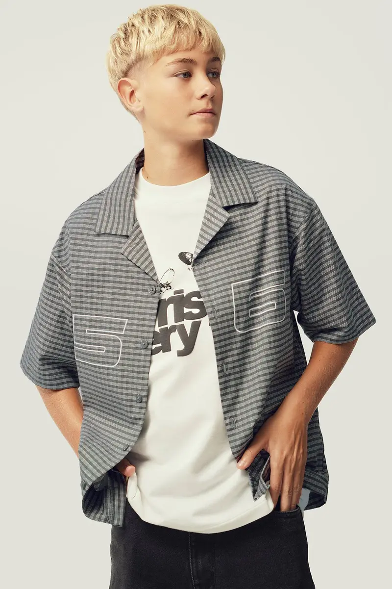 Camisa xadrez em algodão · Menino · Cinzento Escuro