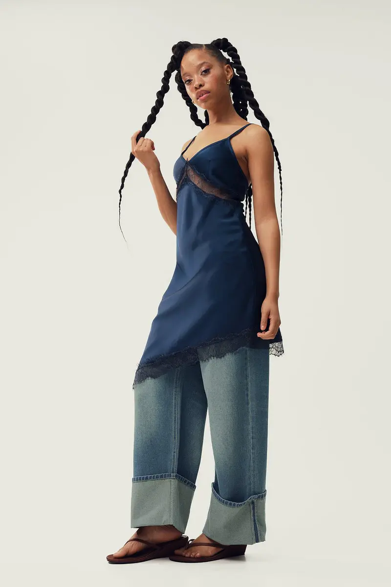 Calças de ganga perna larga Turn Up · Senhora · Azul · Modelo 2