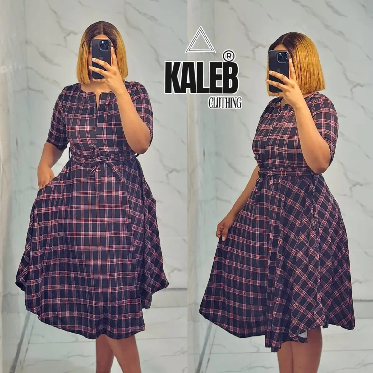 Vestido Midi Feminino Xadrez com Cinto – Manga 3/4