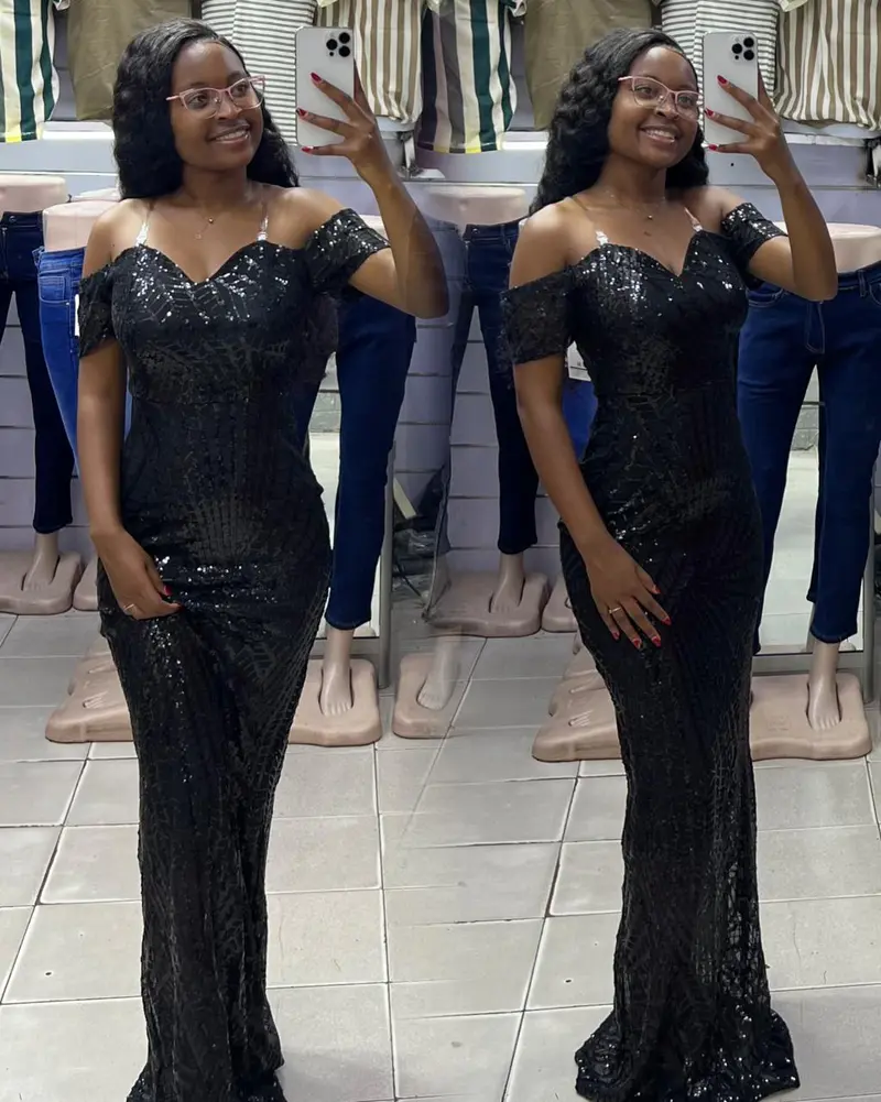 Vestido Longo Sereia com Lantejoulas e Ombro Caído Preto ⚫