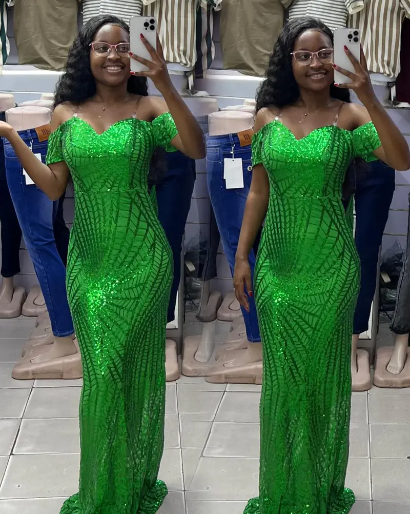Vestido Longo Sereia com Lantejoulas e Ombro Caído Verde 🟢