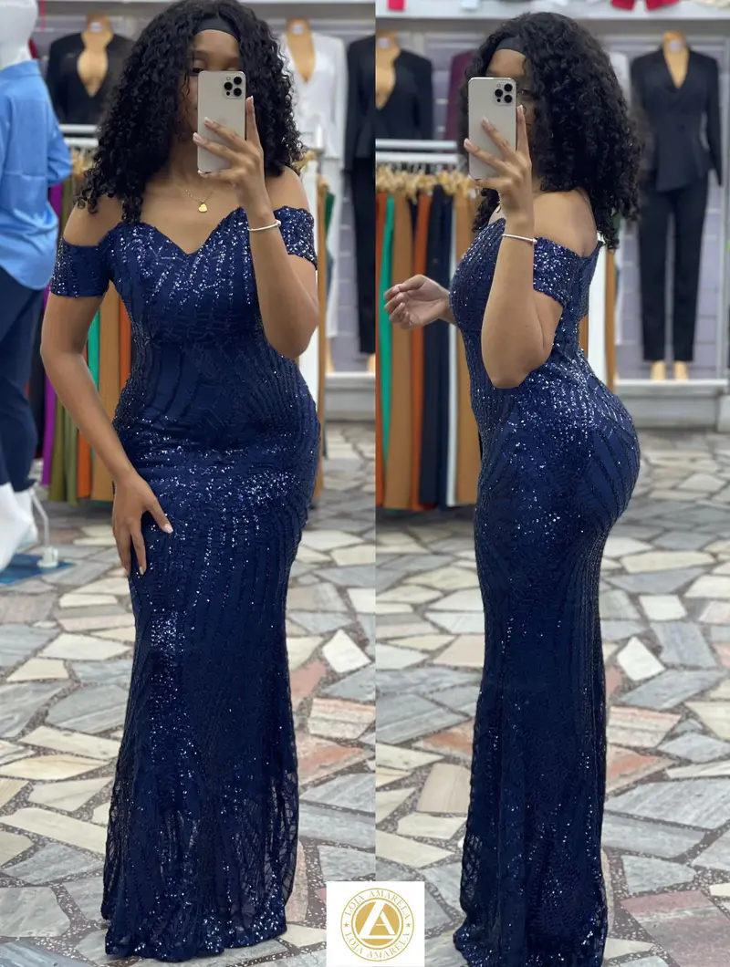 Vestido Longo Sereia com Lantejoulas e Ombro Caído