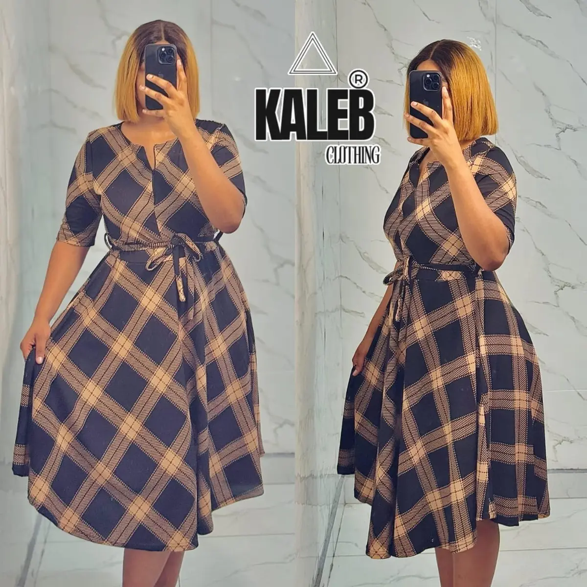 Vestido Midi Feminino Xadrez com Cinto – Manga 3/4
