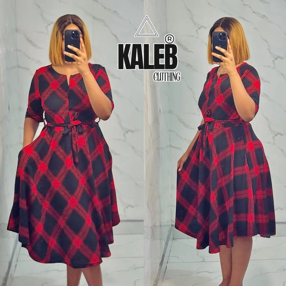 Vestido Midi Feminino Xadrez com Cinto – Manga 3/4
