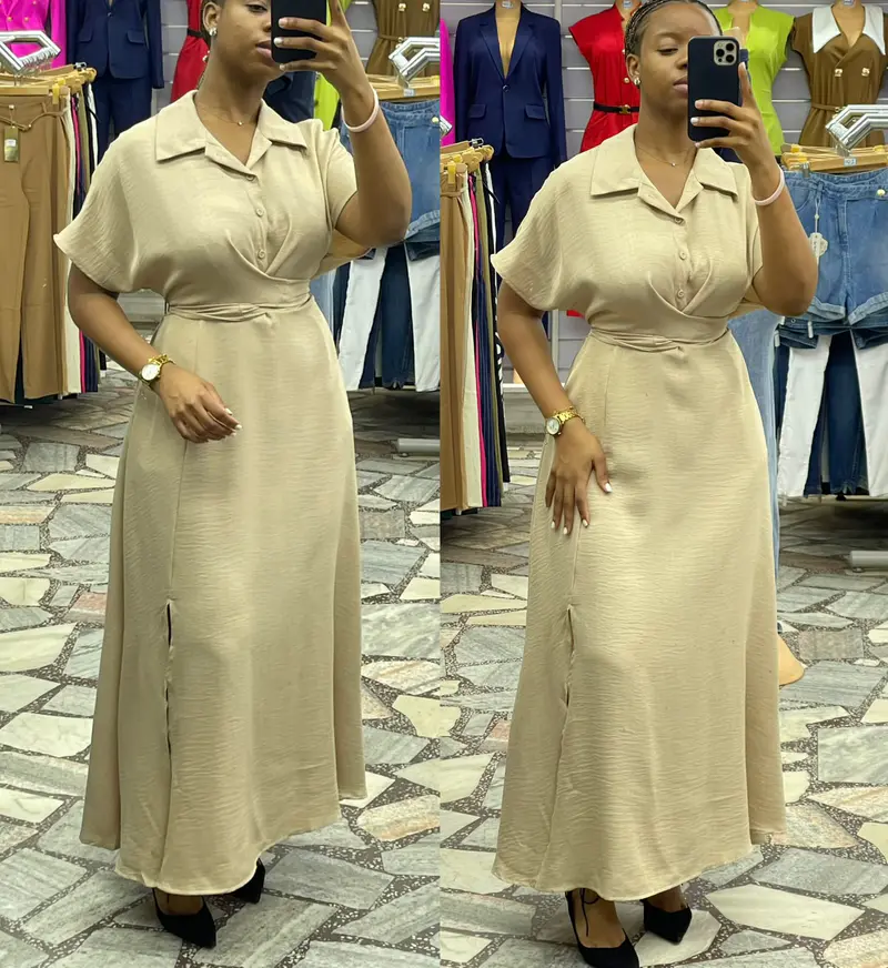 Vestido Longo com Amarração na Cintura e Fenda Bege 🏜️