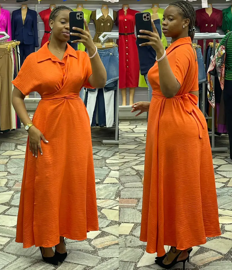 Vestido Longo com Amarração na Cintura e Fenda Laranja 🍊