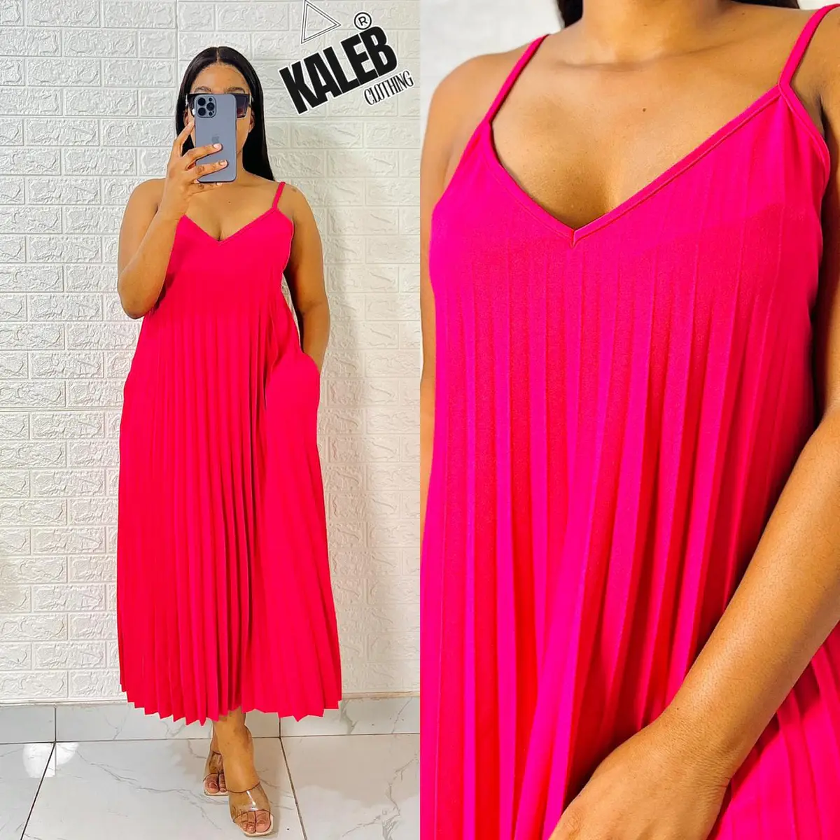 Vestido Plissado Midi Alças Finas Vermelho