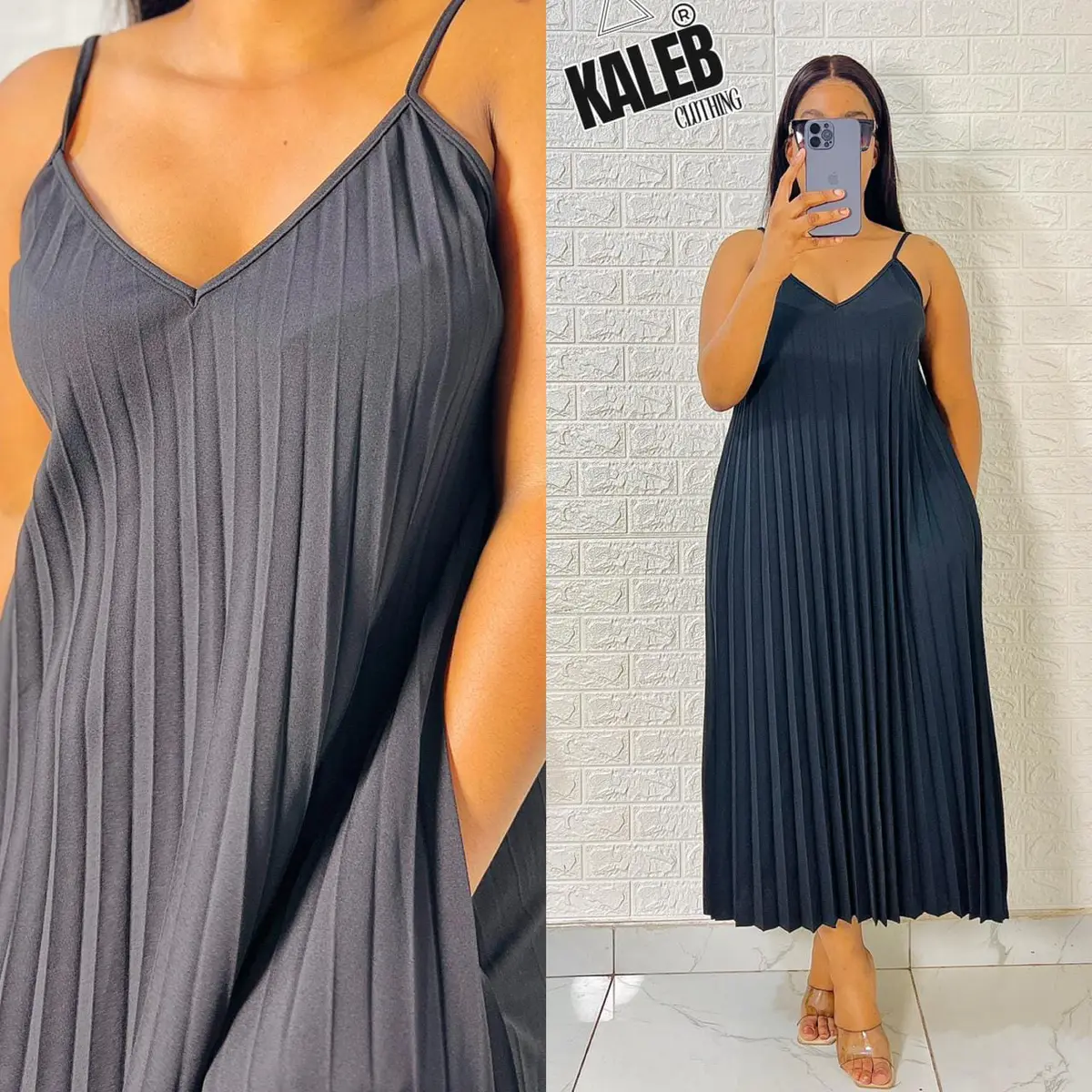 Vestido Plissado Midi Alças Finas Preto