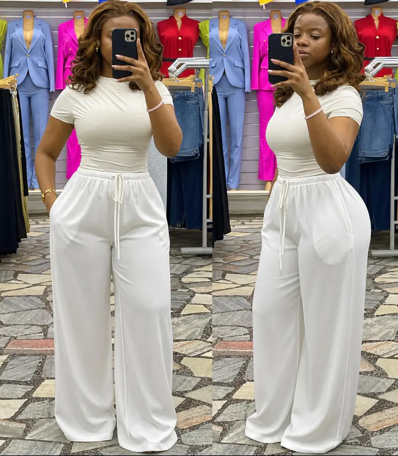 Calças Wide Leg de Cetim com Cordão Branco ⚪