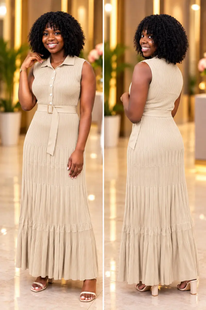 Vestido Longo de Malha Canelada Plissada Bege 🏜️