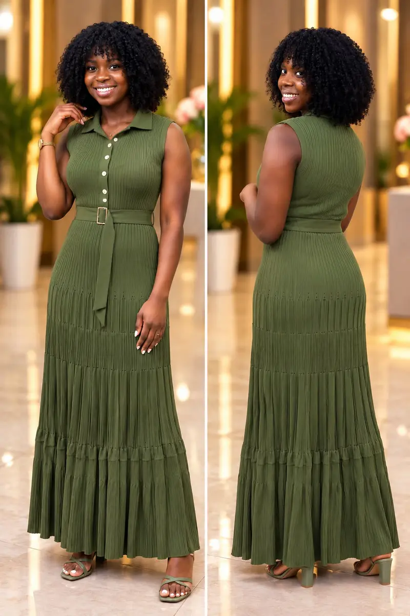 Vestido Longo de Malha Canelada Plissada Verde Oliva 🫒
