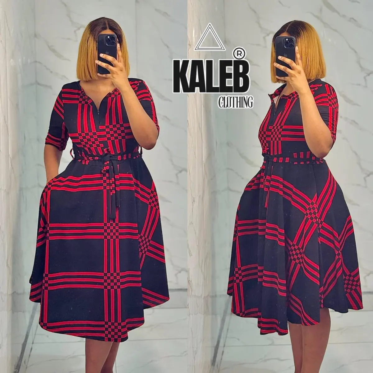 Vestido Midi Feminino Xadrez com Cinto – Manga 3/4