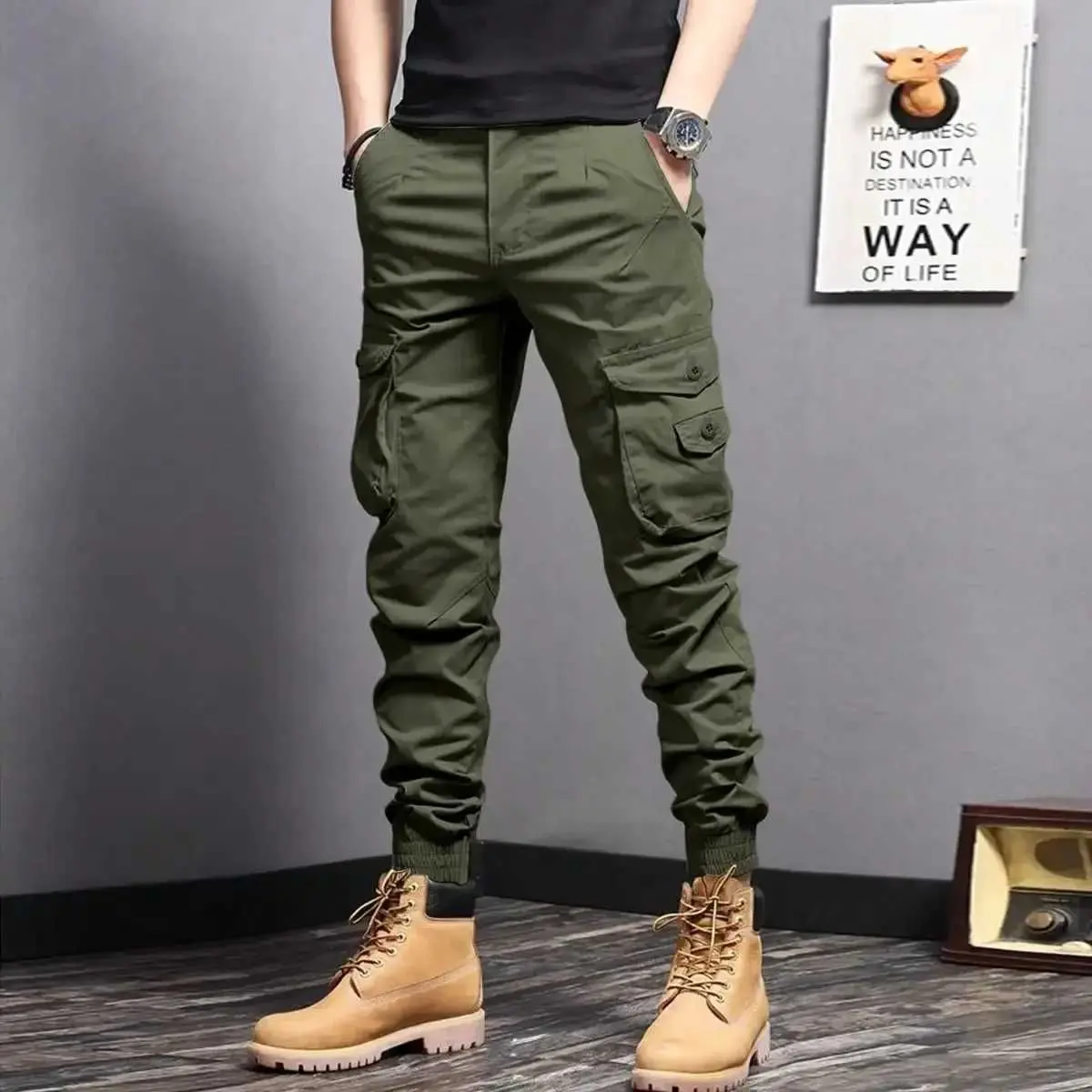 Calça Masculina de Trabalho ao Ar Livre Verão Elástica em Algodão com Bolsos