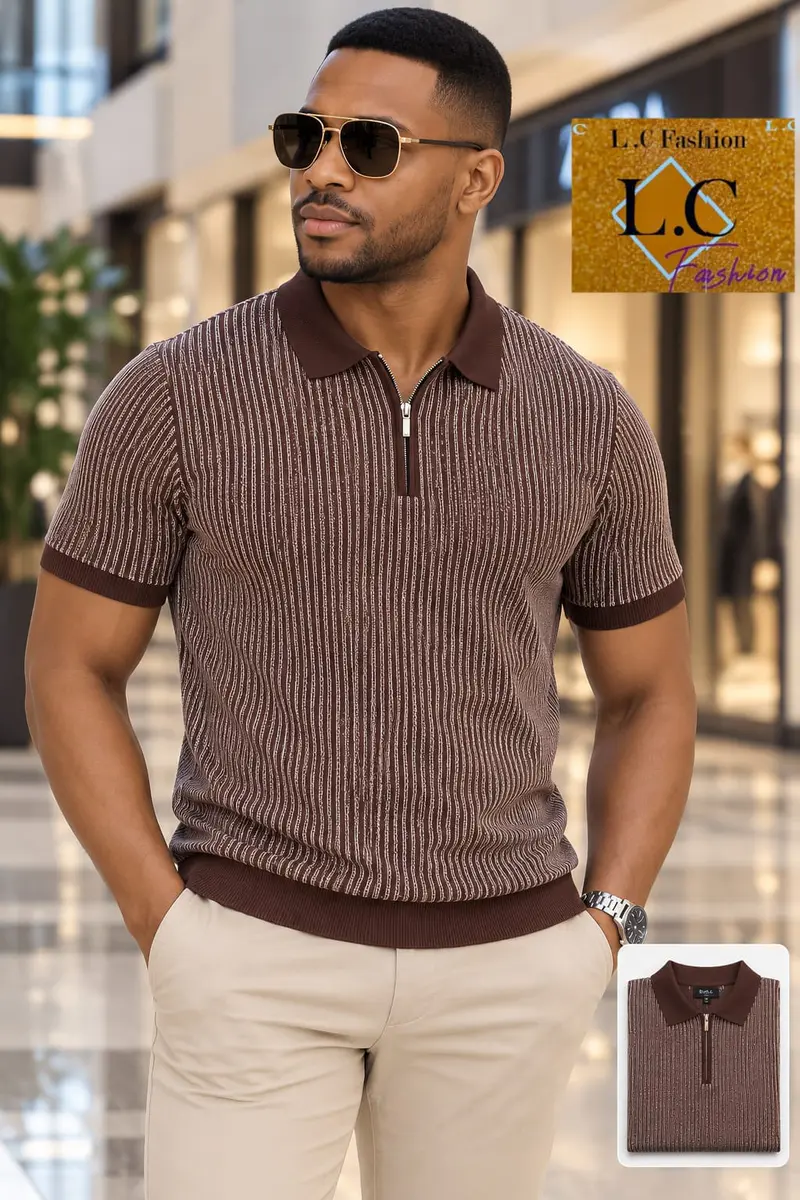 Camisola Polo com Fecho e Listras Castanho 🟤 / Branco ⚪