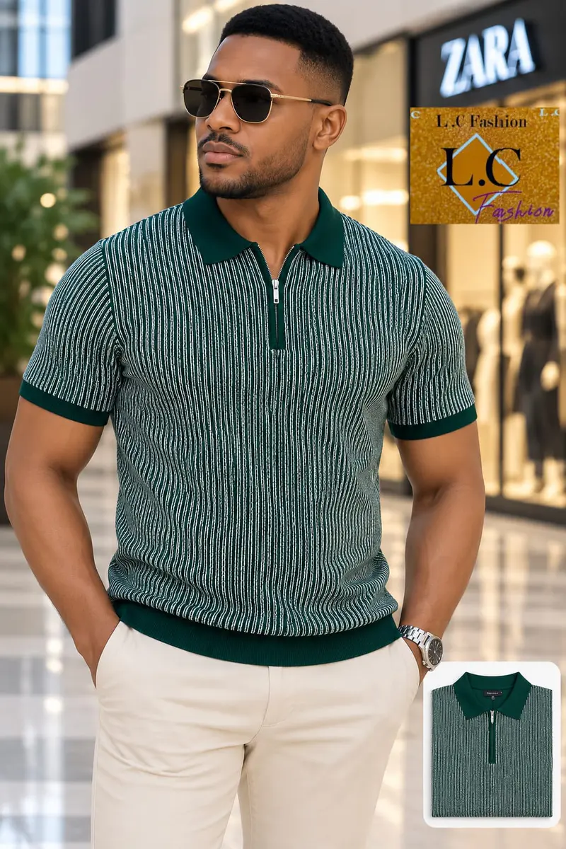 Camisola Polo com Fecho e Listras Verde 🟢/ Branco ⚪