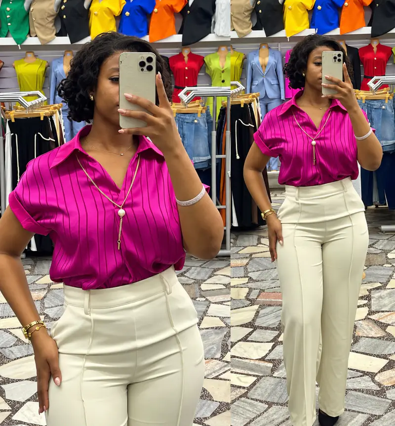 Blusa Feminina Manga Curta Listrada Fúcsia