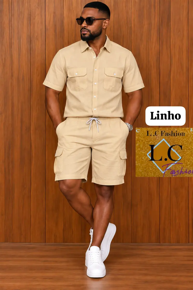 Conjunto de Camisa e Calções Cargo em Linho Bege 🏜️