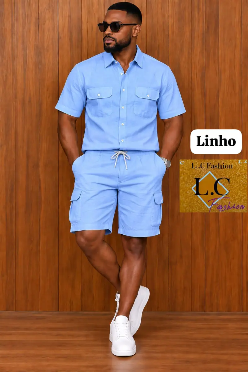 Conjunto de Camisa e Calções Cargo em Linho Azul 🔵 Claro 🪣