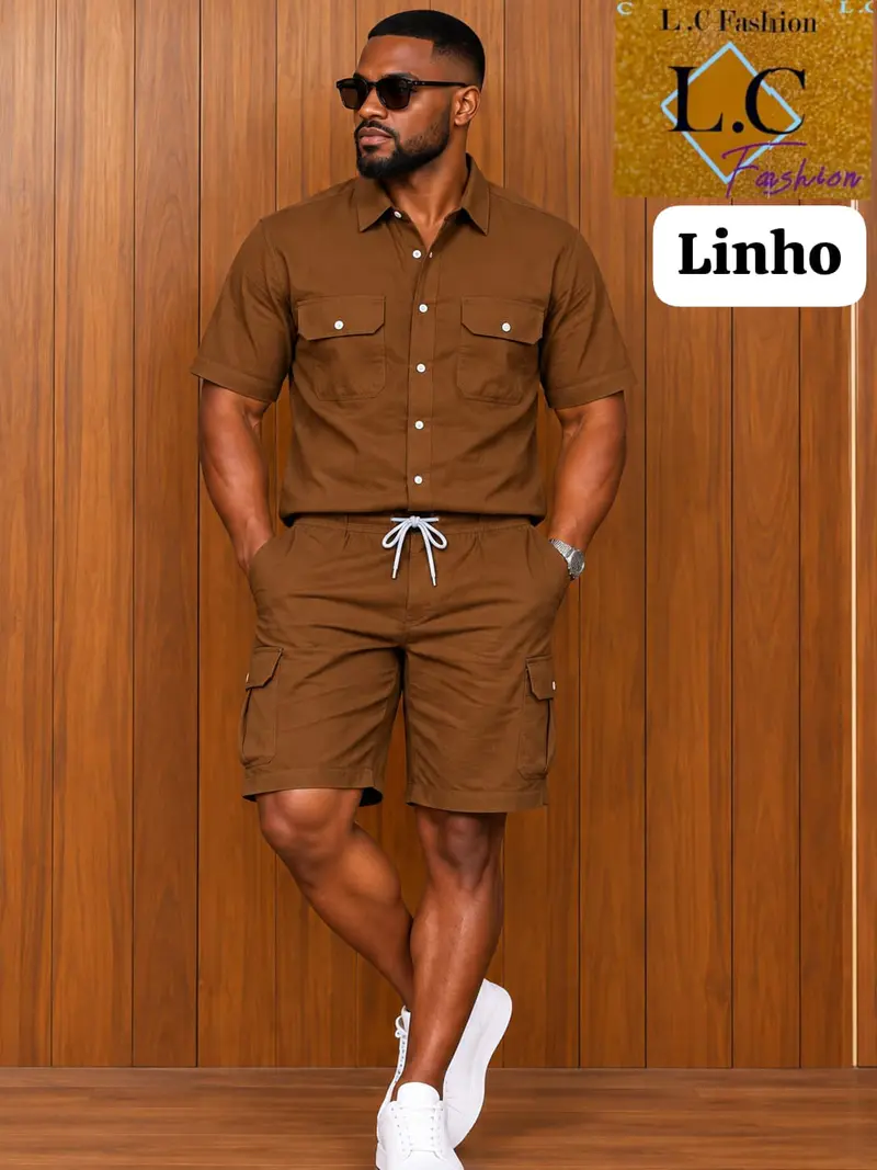Conjunto de Camisa e Calções Cargo em Linho Castanho 🟤
