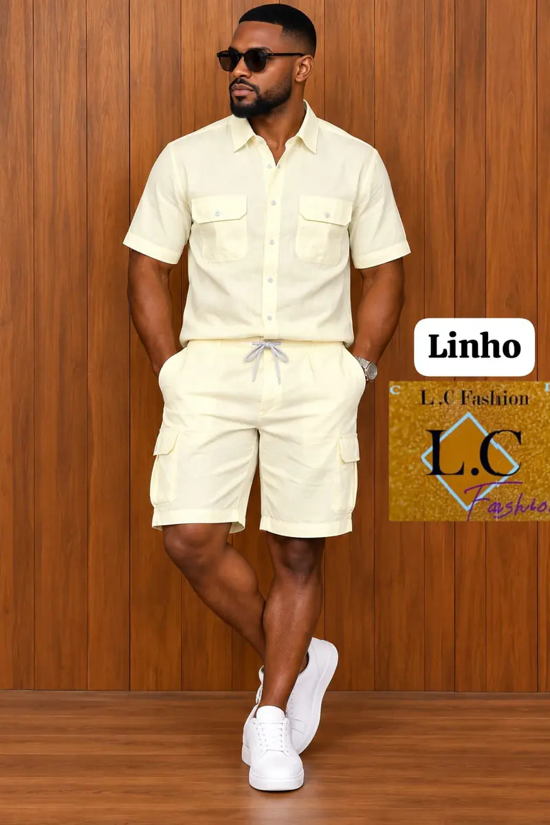 Conjunto de Camisa e Calções Cargo em Linho Creme🟤⚪