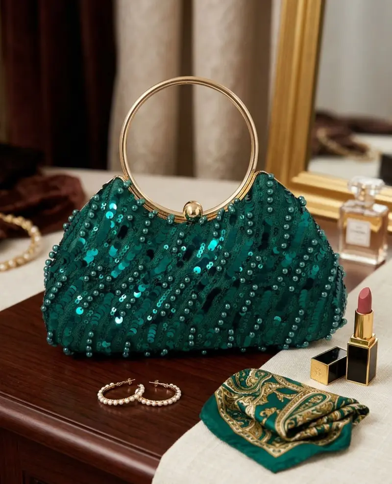 Bolsa de Mão Clutch com Pérolas e Lantejoulas