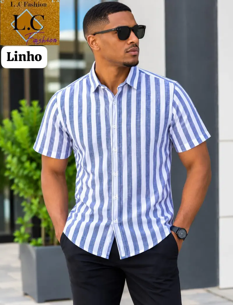 Camisa Masculina de Linho Manga Curta a Riscas Azul 🔵 /Branco⚪