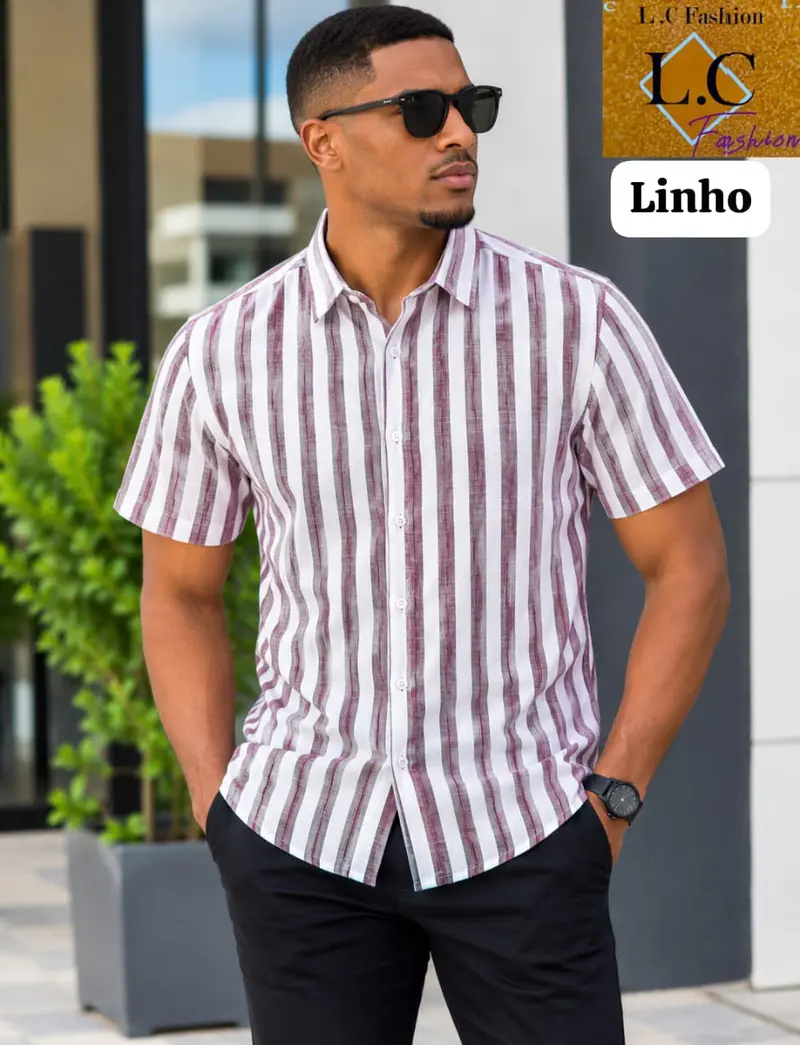 Camisa Masculina de Linho Manga Curta a Riscas Vinho 🍷/ Branco⚪