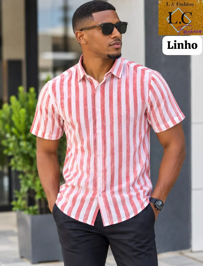 Camisa Masculina de Linho Manga Curta a Riscas Vermelho 🔴 / Branco ⚪