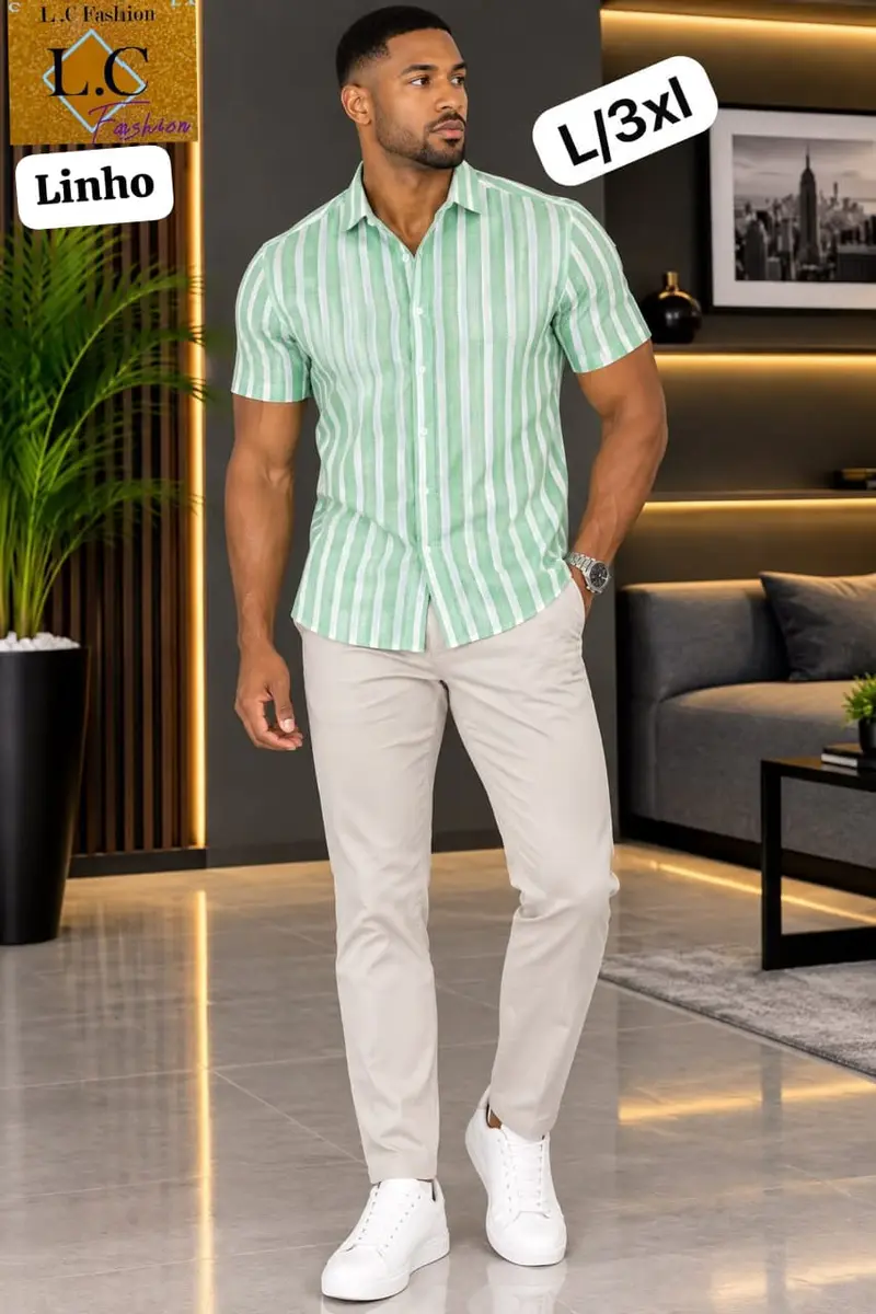Camisa Masculina de Linho Manga Curta a Riscas Verde 🟢/ Branco ⚪