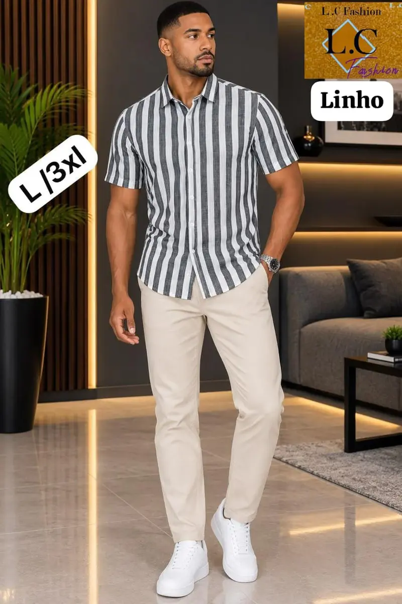 Camisa Masculina de Linho Manga Curta a Riscas Preto ⚫ / Branco ⚪