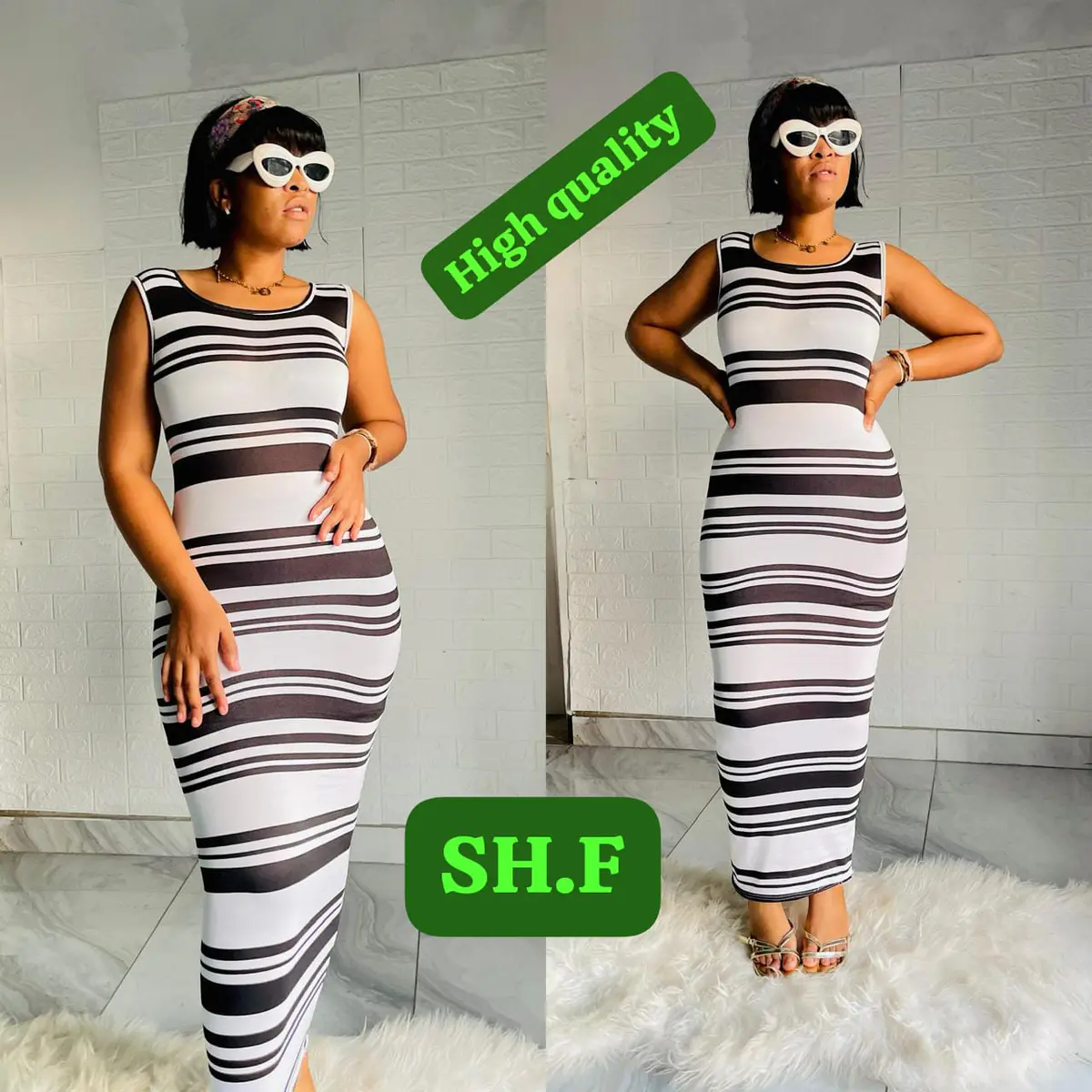 Vestido Listrado Glam Elegance – Tecido Premium