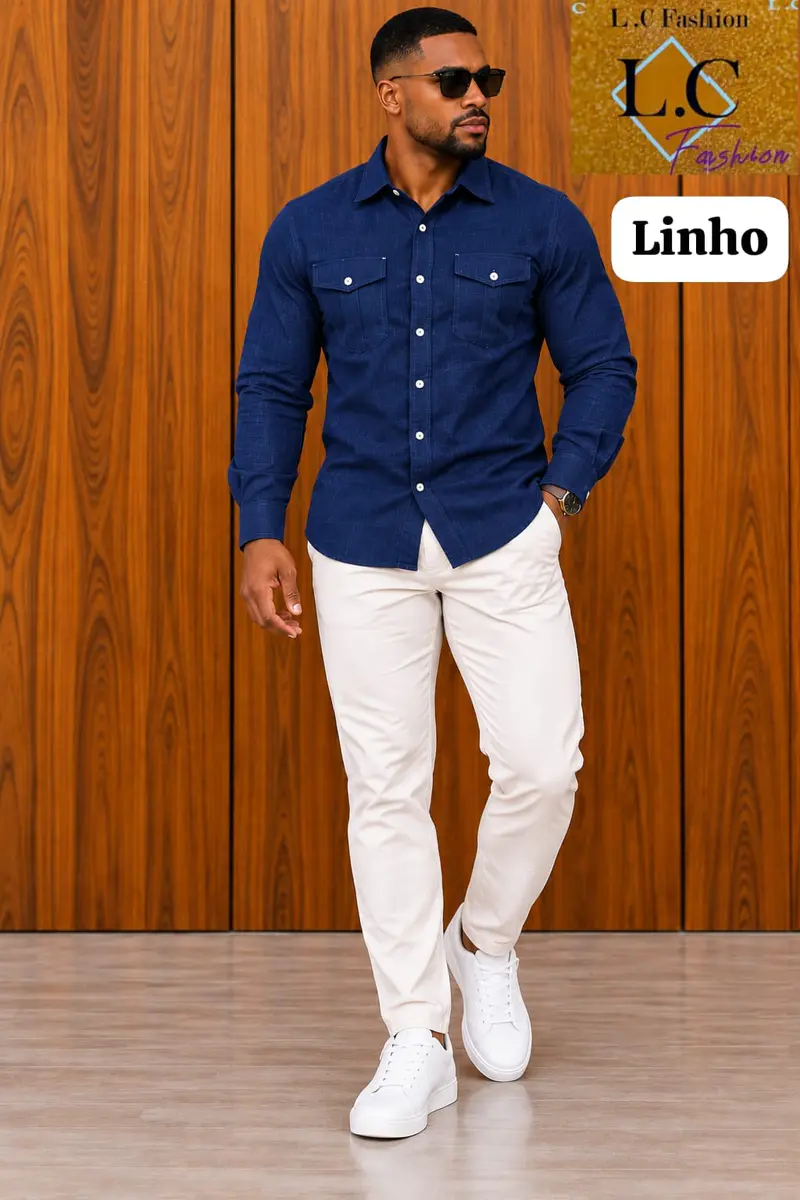 Camisa de Linho com Bolsos Frontais Azul 🔵 Escuro🌑