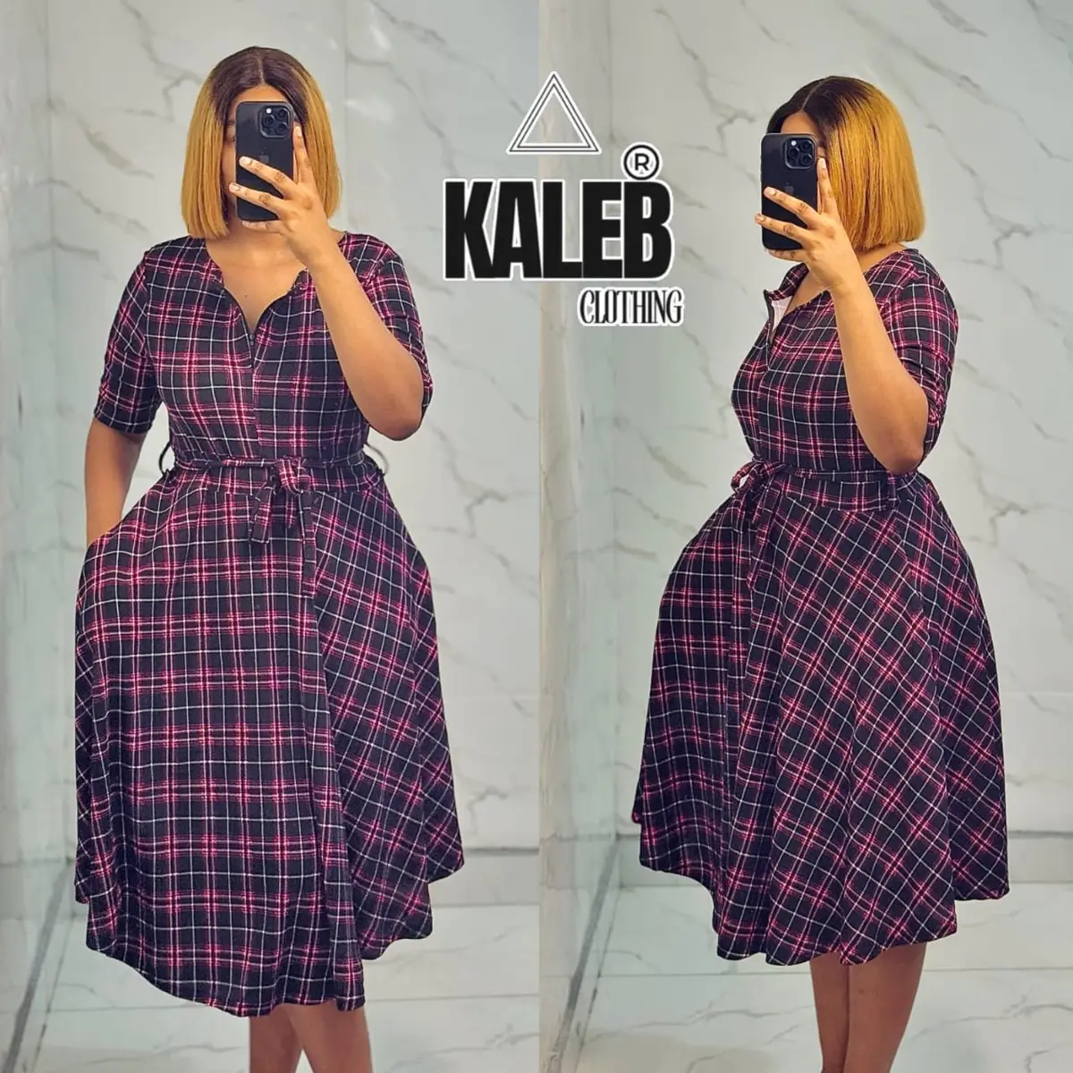 Vestido Midi Feminino Xadrez com Cinto – Manga 3/4